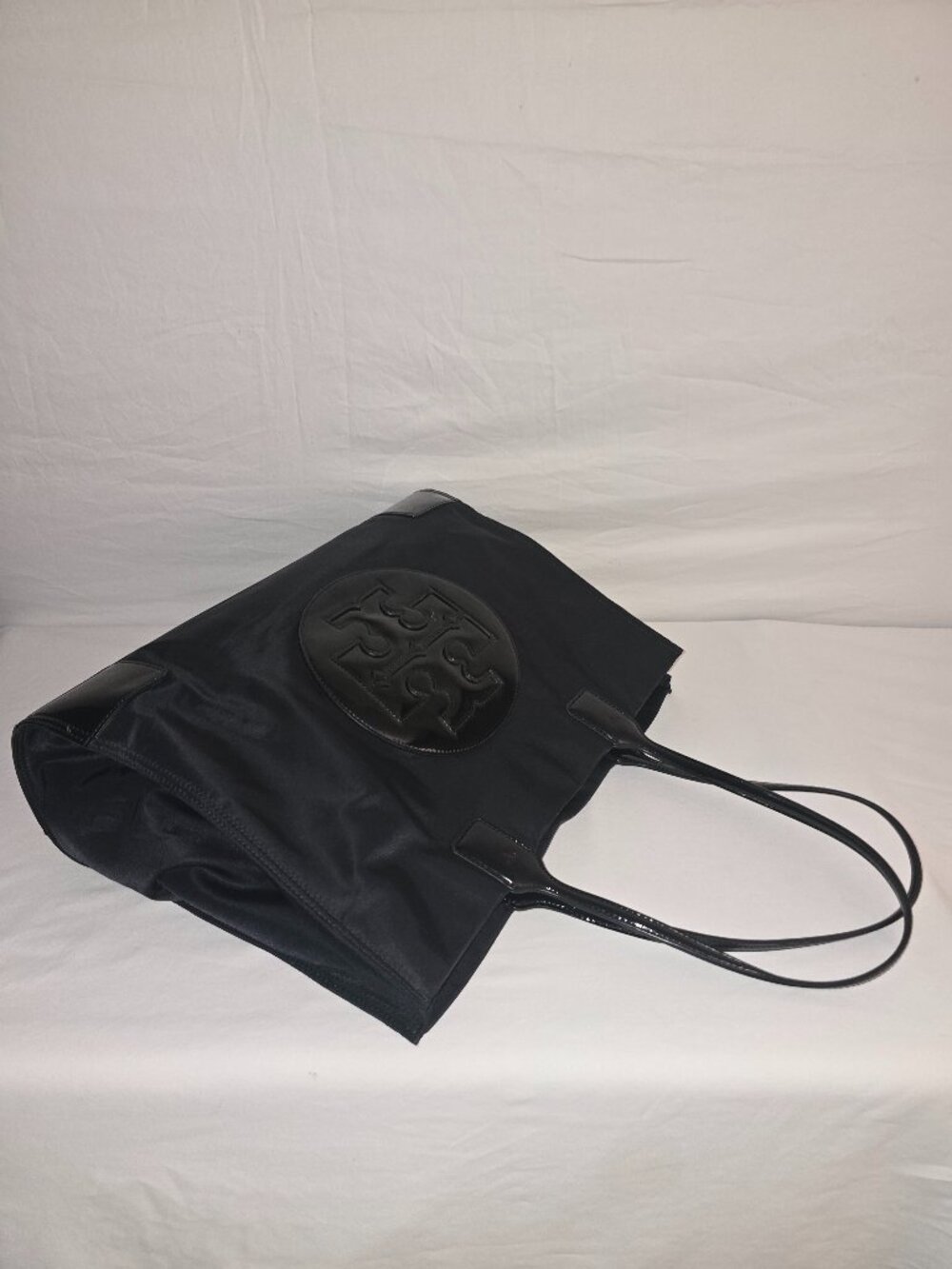 Tory Burch Ella Large Black Nylon Patent Leather Logo Shoulder Tote Shopper Bag - Picture 12 of 12
